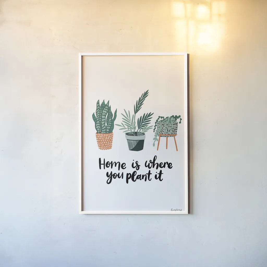 Plant It by Becky Thorns. shown as a paper print in a white frame. Available as a archival giclee rolled canvas, fine art paper, or poster print. SKU 65071h.