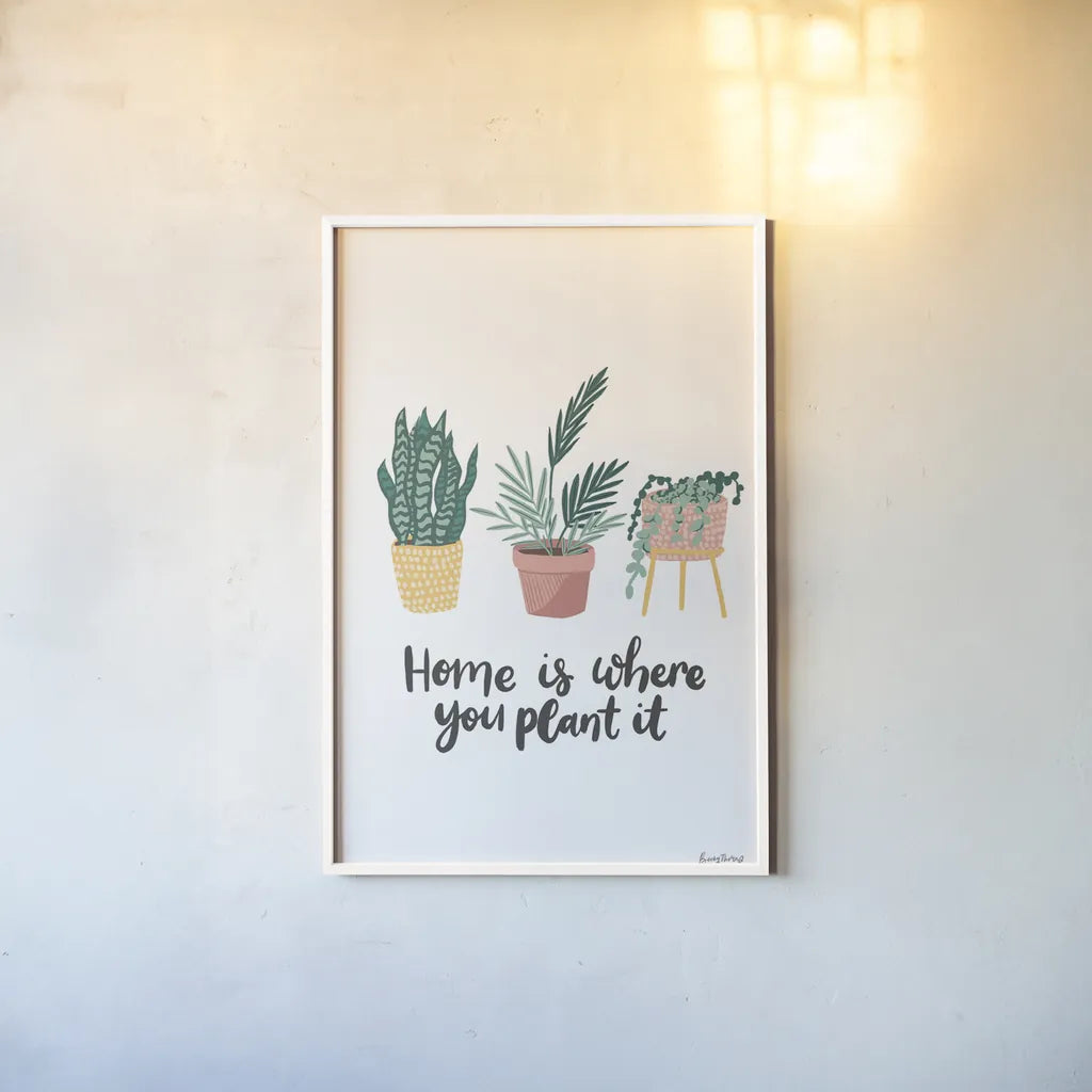 Plant It Retro by Becky Thorns. shown as a paper print in a white frame. Available as a archival giclee rolled canvas, fine art paper, or poster print. SKU 68921h.