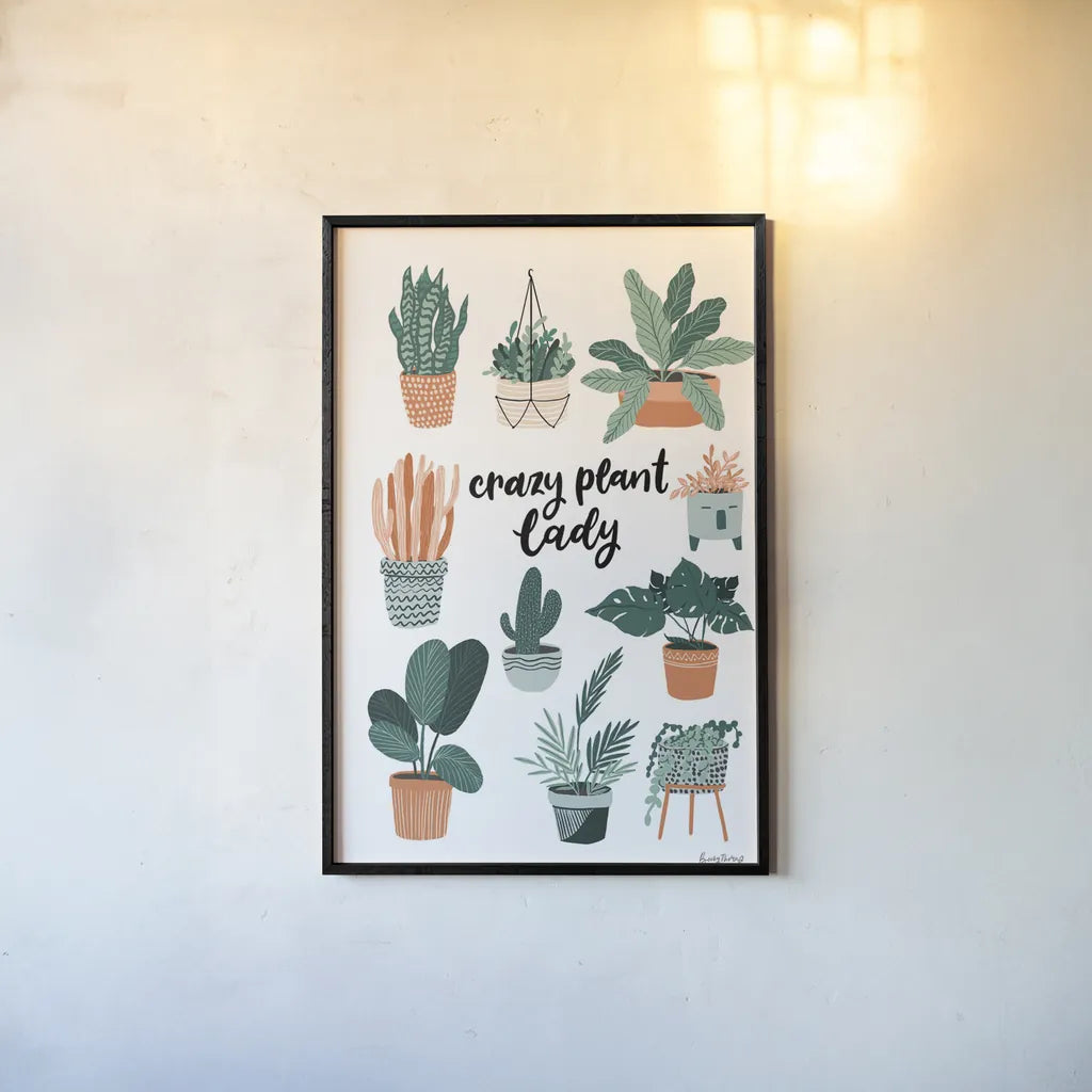 Plant Lady by Becky Thorns. shown as a paper print in a black flame. Available as a archival giclee rolled canvas, fine art paper, or poster print. SKU 65073h.