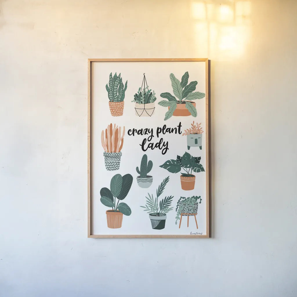 Plant Lady by Becky Thorns. shown as a paper print in a natural frame. Available as a archival giclee rolled canvas, fine art paper, or poster print. SKU 65073h.