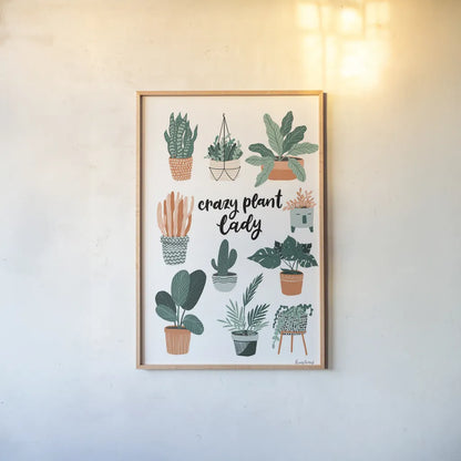 Plant Lady by Becky Thorns. shown as a paper print in a natural frame. Available as a archival giclee rolled canvas, fine art paper, or poster print. SKU 65073h.