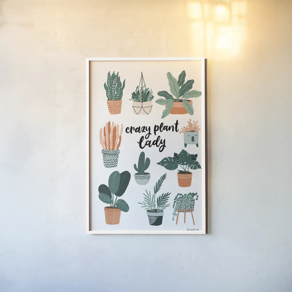 Plant Lady by Becky Thorns. shown as a paper print in a white frame. Available as a archival giclee rolled canvas, fine art paper, or poster print. SKU 65073h.