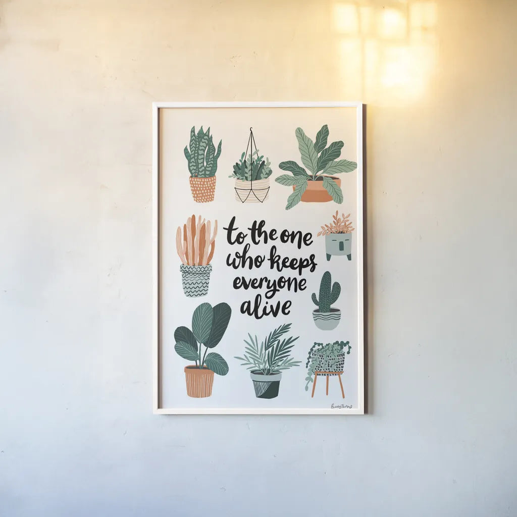 Plant Lady Mothers Day by Becky Thorns. shown as a paper print in a white frame. Available as a archival giclee rolled canvas, fine art paper, or poster print. SKU 86016h.