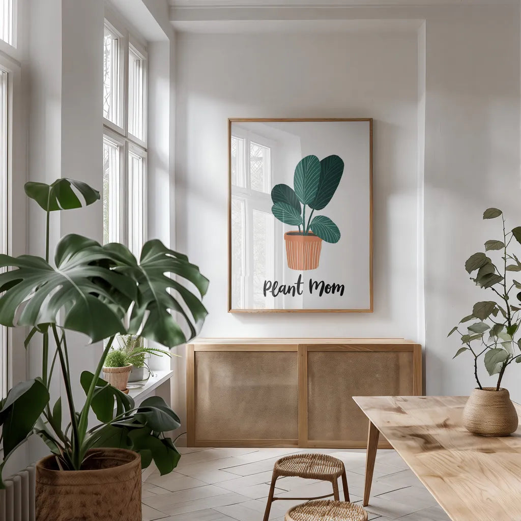 Plant Mom by Becky Thorns. shown as a print in a natural wood frame in a dining room. Available as a archival giclee rolled canvas, fine art paper, or poster print. SKU 65070h.