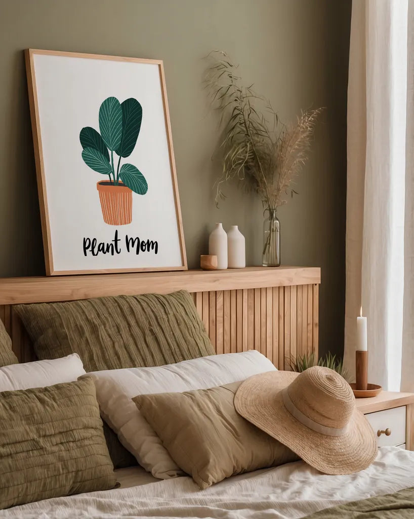Plant Mom by Becky Thorns. shown as a paper print in a natural frame. Available as a archival giclee rolled canvas, fine art paper, or poster print. SKU 65070h.