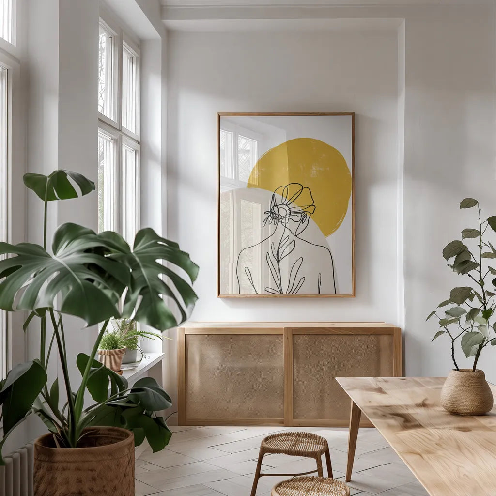 Planted I by Becky Thorns. shown as a print in a natural wood frame in a dining room. Available as a archival giclee rolled canvas, fine art paper, or poster print. SKU 65318h.