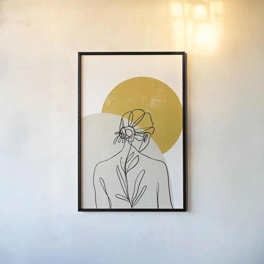 Planted I Round Sun by Becky Thorns. shown as a paper print in a black flame. Available as a archival giclee rolled canvas, fine art paper, or poster print. SKU 89059h.