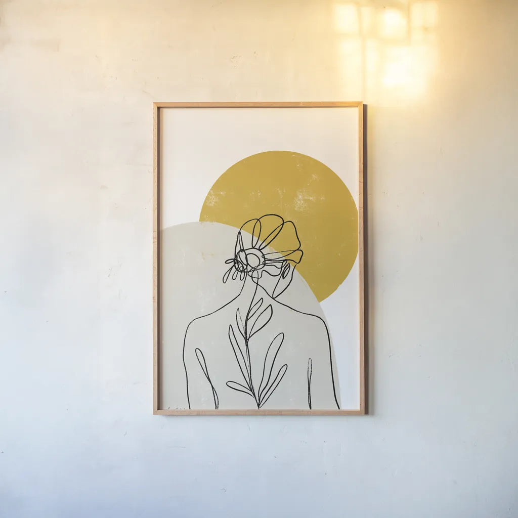 Planted I Round Sun by Becky Thorns. shown as a paper print in a natural frame. Available as a archival giclee rolled canvas, fine art paper, or poster print. SKU 89059h.