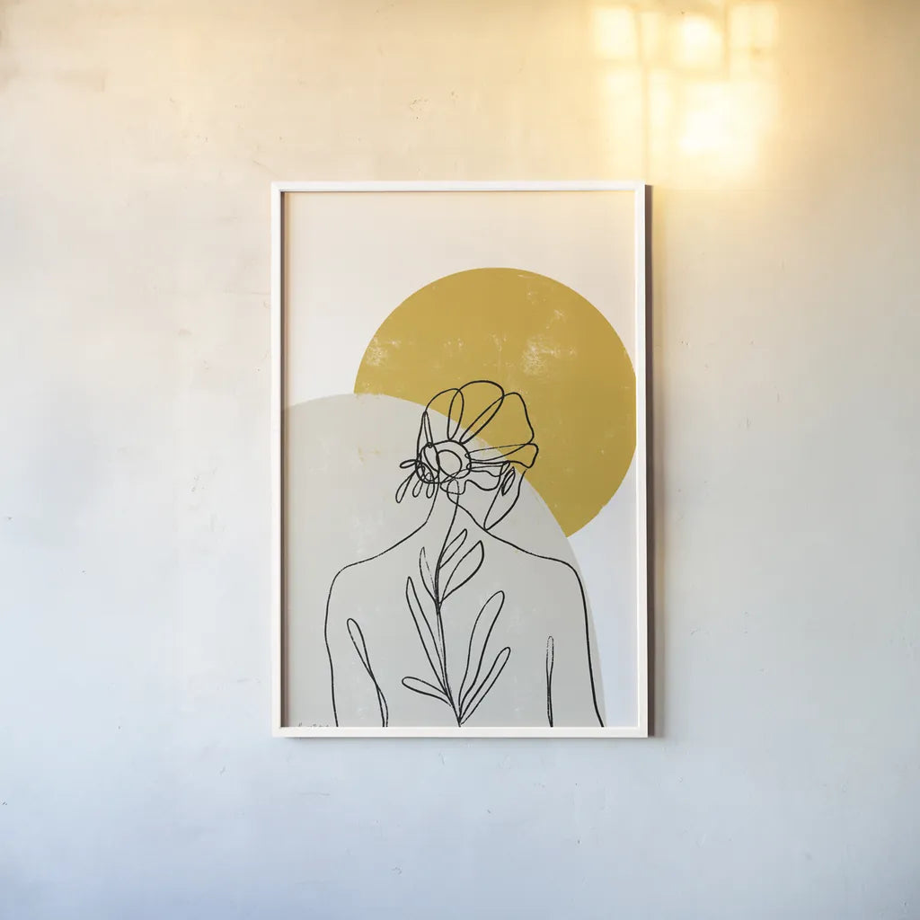 Planted I Round Sun by Becky Thorns. shown as a paper print in a white frame. Available as a archival giclee rolled canvas, fine art paper, or poster print. SKU 89059h.