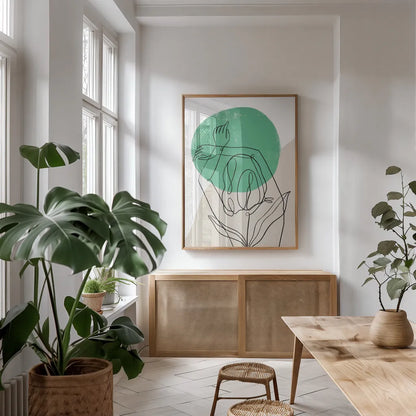 Planted IV by Becky Thorns. shown as a print in a natural wood frame in a dining room. Available as a archival giclee rolled canvas, fine art paper, or poster print. SKU 65321h.