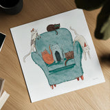 Playful Pets Cats I by Becky Thorns. Shown as a detailed flat fine art print, highlighting archival giclee quality. Available as an archival giclee rolled canvas, fine art paper, or poster print. SKU 61404a.