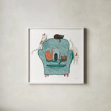 Playful Pets Cats I by Becky Thorns. Shown in a crisp white glass frame for a clean and minimalist style. Available as an archival giclee rolled canvas, fine art paper, or poster print. SKU 61404a.
