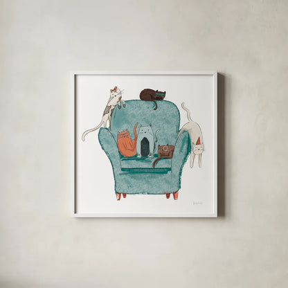 Playful Pets Cats I by Becky Thorns. Shown in a crisp white glass frame for a clean and minimalist style. Available as an archival giclee rolled canvas, fine art paper, or poster print. SKU 61404a.