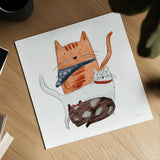 Playful Pets Cats II by Becky Thorns. Shown as a detailed flat fine art print, highlighting archival giclee quality. Available as an archival giclee rolled canvas, fine art paper, or poster print. SKU 61405a.