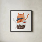 Playful Pets Cats II by Becky Thorns. Shown in a sleek black glass frame for a contemporary gallery look. Available as an archival giclee rolled canvas, fine art paper, or poster print. SKU 61405a.