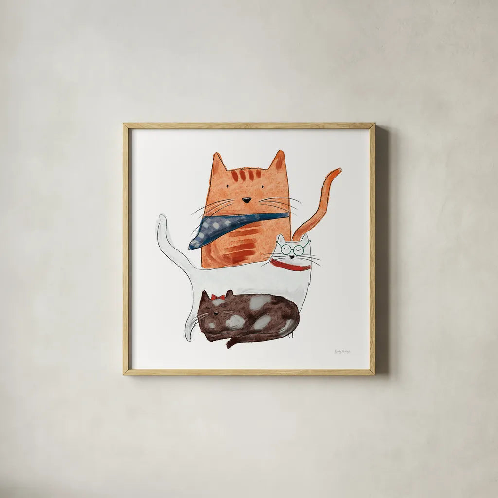 Playful Pets Cats II by Becky Thorns. Shown in a natural wood glass frame for a timeless modern aesthetic. Available as an archival giclee rolled canvas, fine art paper, or poster print. SKU 61405a.