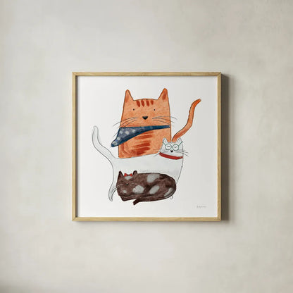 Playful Pets Cats II by Becky Thorns. Shown in a natural wood glass frame for a timeless modern aesthetic. Available as an archival giclee rolled canvas, fine art paper, or poster print. SKU 61405a.