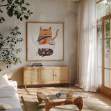 Playful Pets Cats II by Becky Thorns. Shown in a natural wood frame in a cozy modern living room. Available as an archival giclee rolled canvas, fine art paper, or poster print. SKU 61405a.