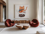 Playful Pets Cats II by Becky Thorns. Shown as extra-large giant wall art in a modern living room. Available as an archival giclee rolled canvas, fine art paper, or poster print. SKU 61405a.