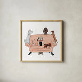 Playful Pets Dogs I by Becky Thorns. Shown in a natural wood glass frame for a timeless modern aesthetic. Available as an archival giclee rolled canvas, fine art paper, or poster print. SKU 61407a.