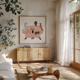 Playful Pets Dogs I by Becky Thorns. Shown in a natural wood frame in a cozy modern living room. Available as an archival giclee rolled canvas, fine art paper, or poster print. SKU 61407a.
