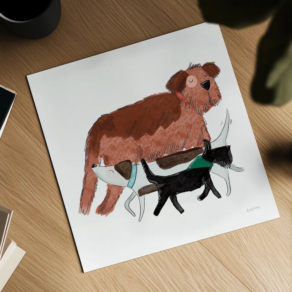 Playful Pets Dogs II by Becky Thorns. Shown as a detailed flat fine art print, highlighting archival giclee quality. Available as an archival giclee rolled canvas, fine art paper, or poster print. SKU 61408a.
