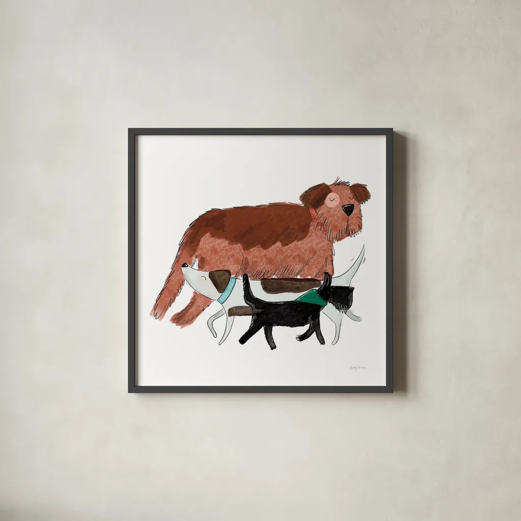 Playful Pets Dogs II by Becky Thorns. Shown in a sleek black glass frame for a contemporary gallery look. Available as an archival giclee rolled canvas, fine art paper, or poster print. SKU 61408a.