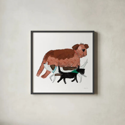 Playful Pets Dogs II by Becky Thorns. Shown in a sleek black glass frame for a contemporary gallery look. Available as an archival giclee rolled canvas, fine art paper, or poster print. SKU 61408a.