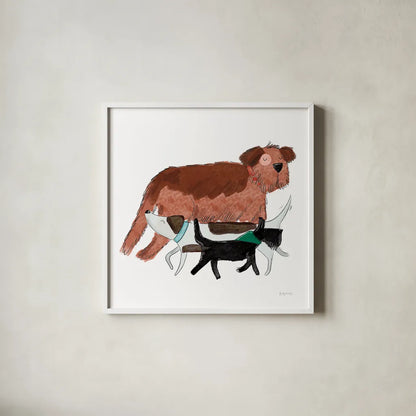 Playful Pets Dogs II by Becky Thorns. Shown in a crisp white glass frame for a clean and minimalist style. Available as an archival giclee rolled canvas, fine art paper, or poster print. SKU 61408a.