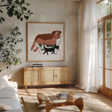 Playful Pets Dogs II by Becky Thorns. Shown in a natural wood frame in a cozy modern living room. Available as an archival giclee rolled canvas, fine art paper, or poster print. SKU 61408a.
