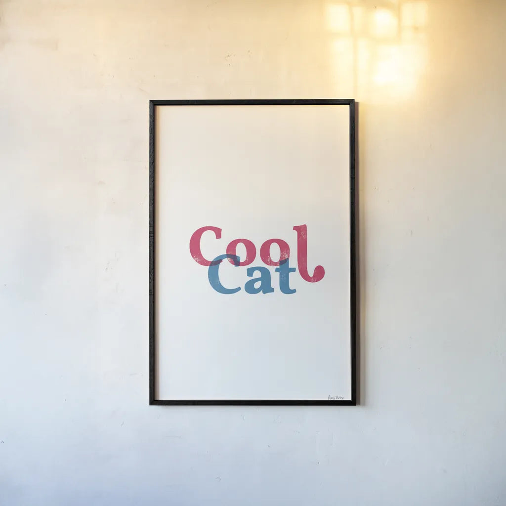 Rainbow Cool Cat by Becky Thorns. shown as a paper print in a black flame. Available as a archival giclee rolled canvas, fine art paper, or poster print. SKU 65201h.