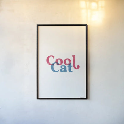 Rainbow Cool Cat by Becky Thorns. shown as a paper print in a black flame. Available as a archival giclee rolled canvas, fine art paper, or poster print. SKU 65201h.