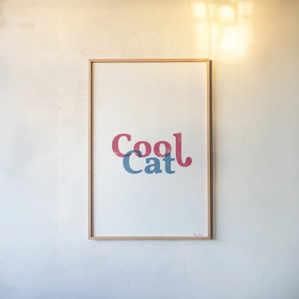 Rainbow Cool Cat by Becky Thorns. shown as a paper print in a natural frame. Available as a archival giclee rolled canvas, fine art paper, or poster print. SKU 65201h.