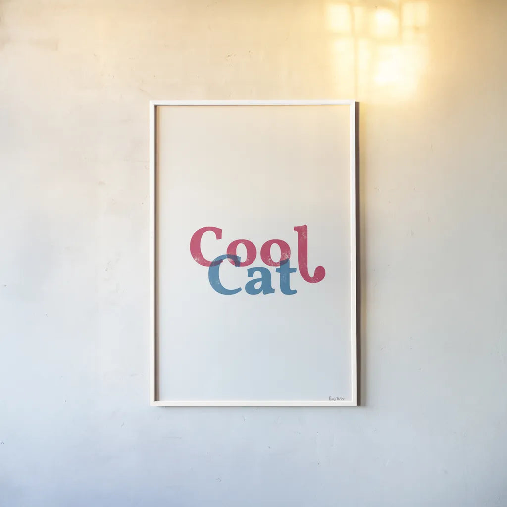 Rainbow Cool Cat by Becky Thorns. shown as a paper print in a white frame. Available as a archival giclee rolled canvas, fine art paper, or poster print. SKU 65201h.