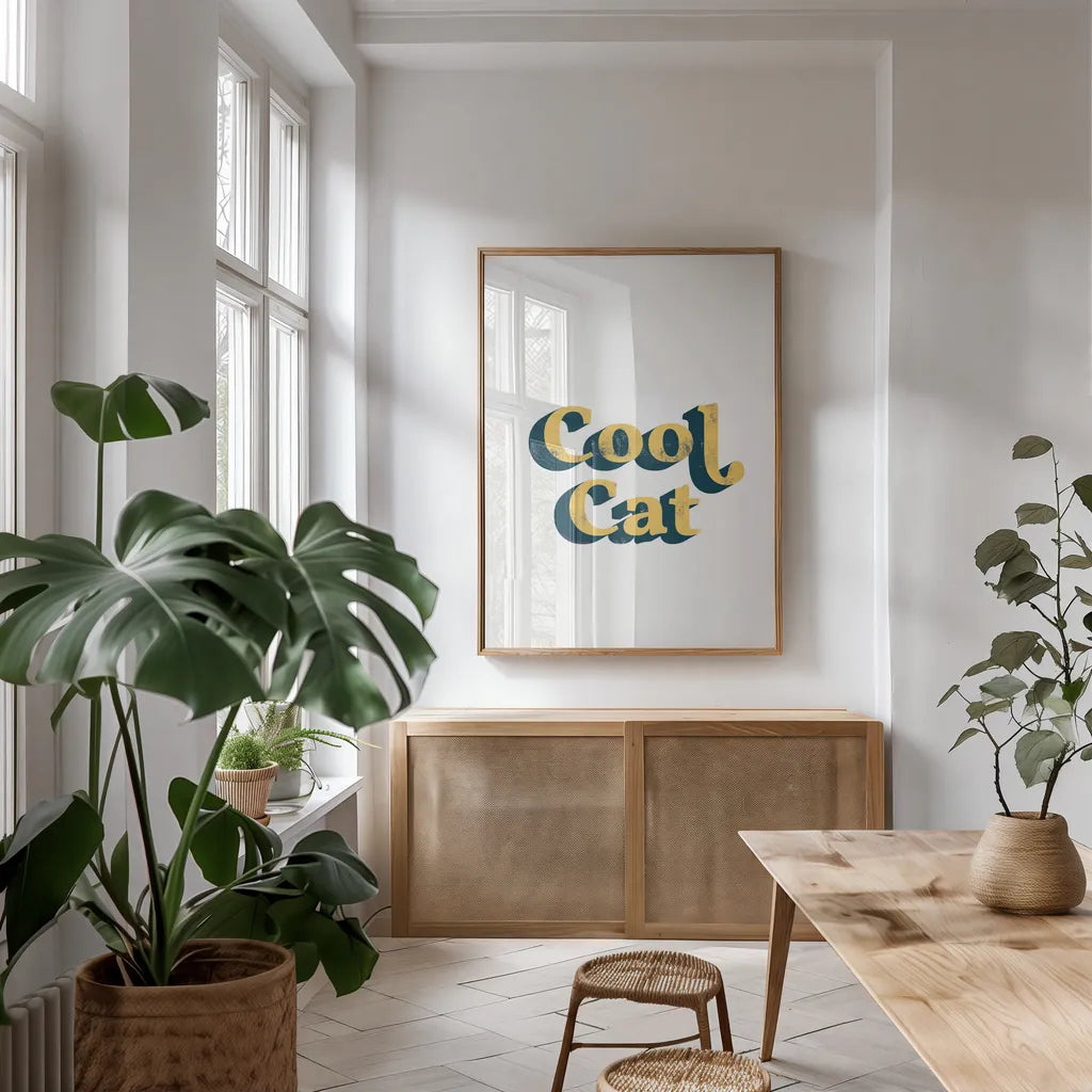 Rainbow Cool Cat Bold by Becky Thorns. shown as a print in a natural wood frame in a dining room. Available as a archival giclee rolled canvas, fine art paper, or poster print. SKU 65213h.