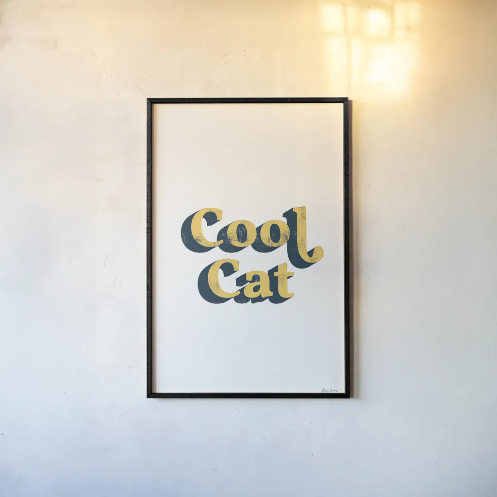 Rainbow Cool Cat Bold by Becky Thorns. shown as a paper print in a black flame. Available as a archival giclee rolled canvas, fine art paper, or poster print. SKU 65213h.