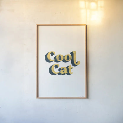 Rainbow Cool Cat Bold by Becky Thorns. shown as a paper print in a natural frame. Available as a archival giclee rolled canvas, fine art paper, or poster print. SKU 65213h.