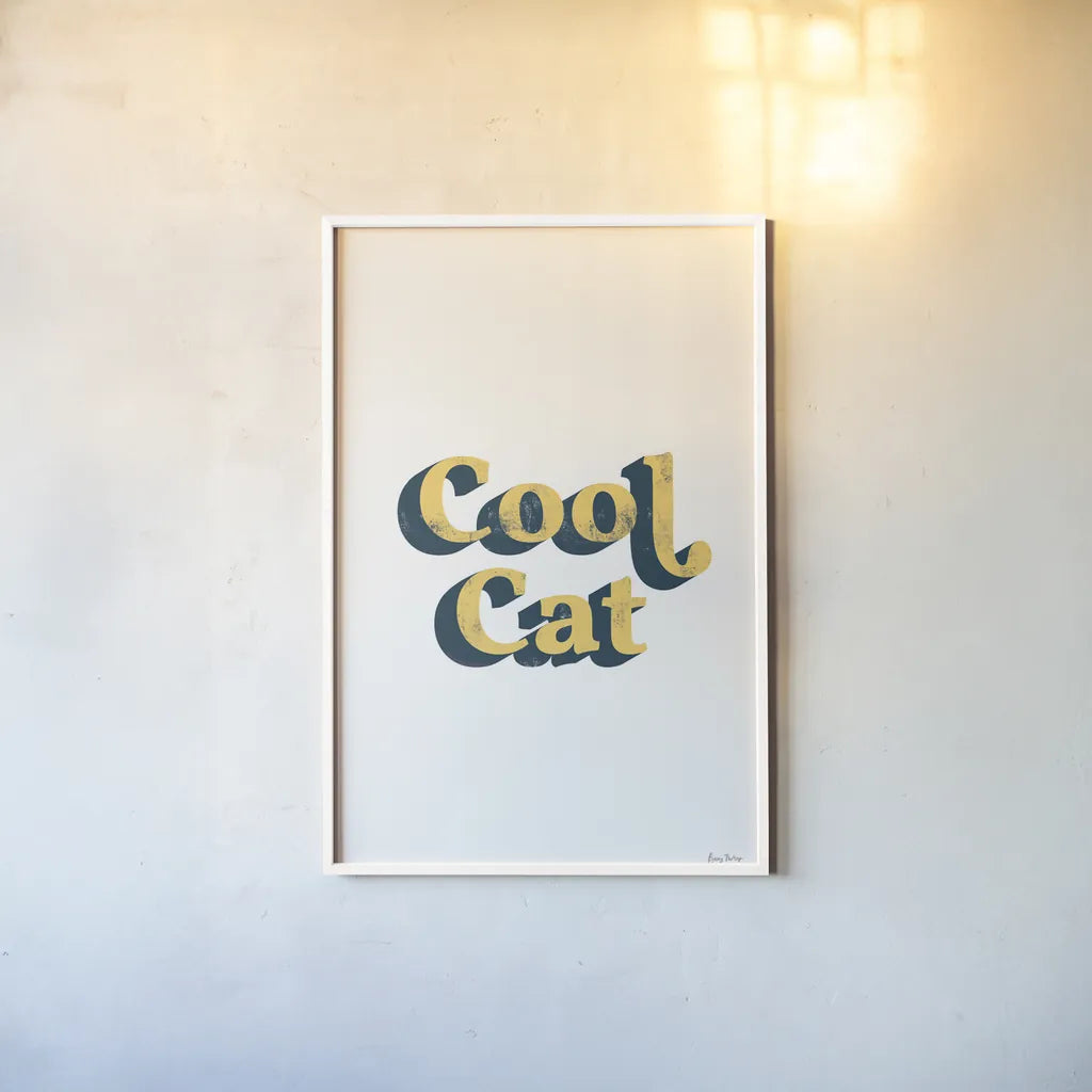 Rainbow Cool Cat Bold by Becky Thorns. shown as a paper print in a white frame. Available as a archival giclee rolled canvas, fine art paper, or poster print. SKU 65213h.