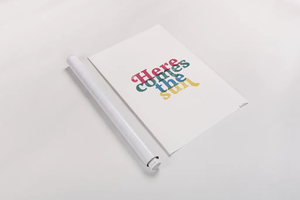 Rainbow Here Comes the Sun by Becky Thorns. shown as a rolled paper print. Available as archival giclee rolled canvas, fine art paper, or poster print. SKU 65202h.