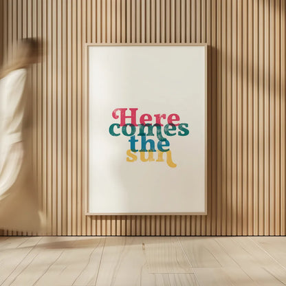 Rainbow Here Comes the Sun by Becky Thorns. shown as over sized large wall art. Available as an archival giclee rolled canvas, fine art paper, or poster print. SKU 65202h.