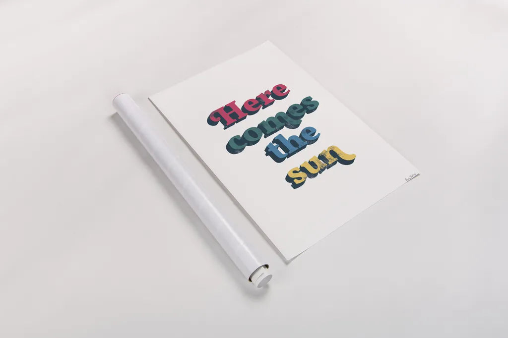 Rainbow Here Comes the Sun Bold by Becky Thorns. shown as a rolled paper print. Available as archival giclee rolled canvas, fine art paper, or poster print. SKU 65214h.