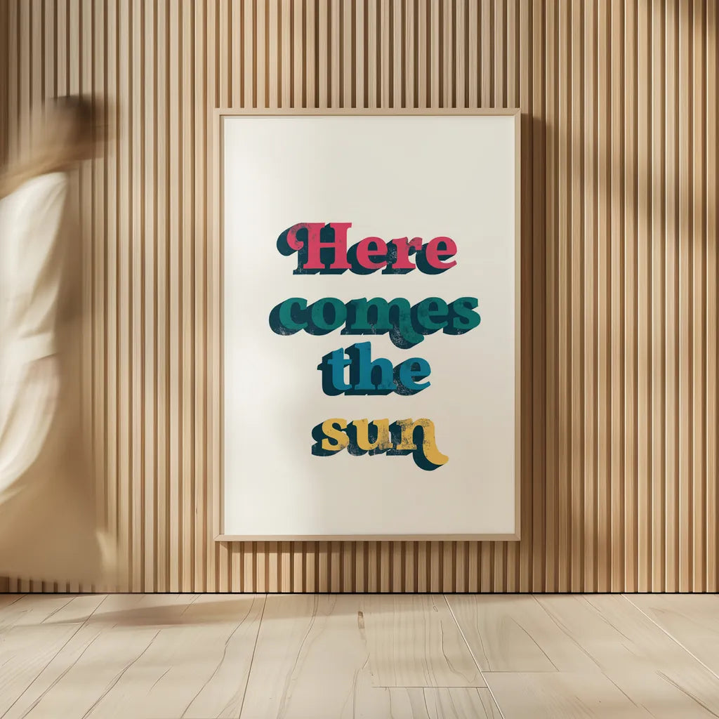 Rainbow Here Comes the Sun Bold by Becky Thorns. shown as over sized large wall art. Available as an archival giclee rolled canvas, fine art paper, or poster print. SKU 65214h.