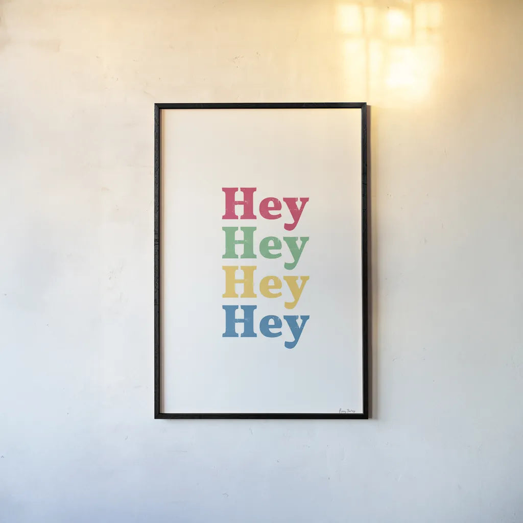 Rainbow Hey by Becky Thorns. shown as a paper print in a black flame. Available as a archival giclee rolled canvas, fine art paper, or poster print. SKU 65198h.