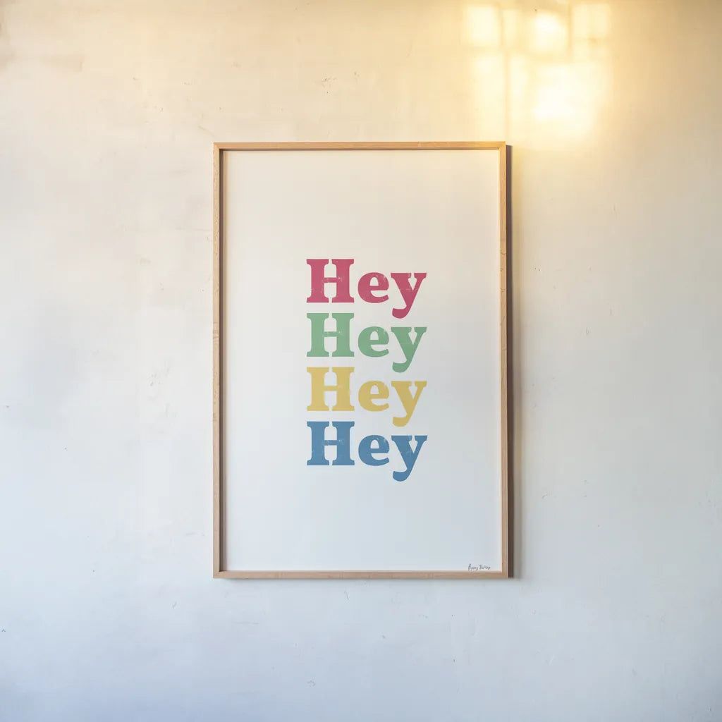 Rainbow Hey by Becky Thorns. shown as a paper print in a natural frame. Available as a archival giclee rolled canvas, fine art paper, or poster print. SKU 65198h.