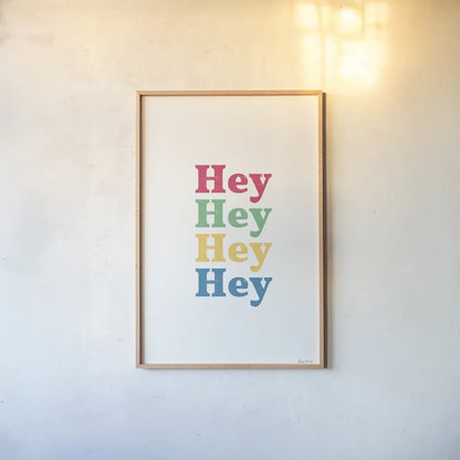 Rainbow Hey by Becky Thorns. shown as a paper print in a natural frame. Available as a archival giclee rolled canvas, fine art paper, or poster print. SKU 65198h.