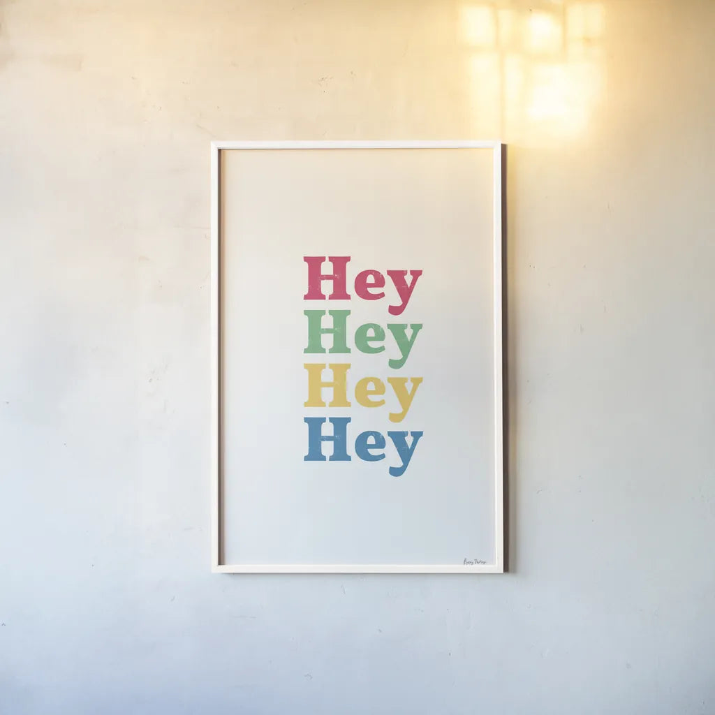 Rainbow Hey by Becky Thorns. shown as a paper print in a white frame. Available as a archival giclee rolled canvas, fine art paper, or poster print. SKU 65198h.