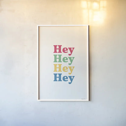 Rainbow Hey by Becky Thorns. shown as a paper print in a white frame. Available as a archival giclee rolled canvas, fine art paper, or poster print. SKU 65198h.