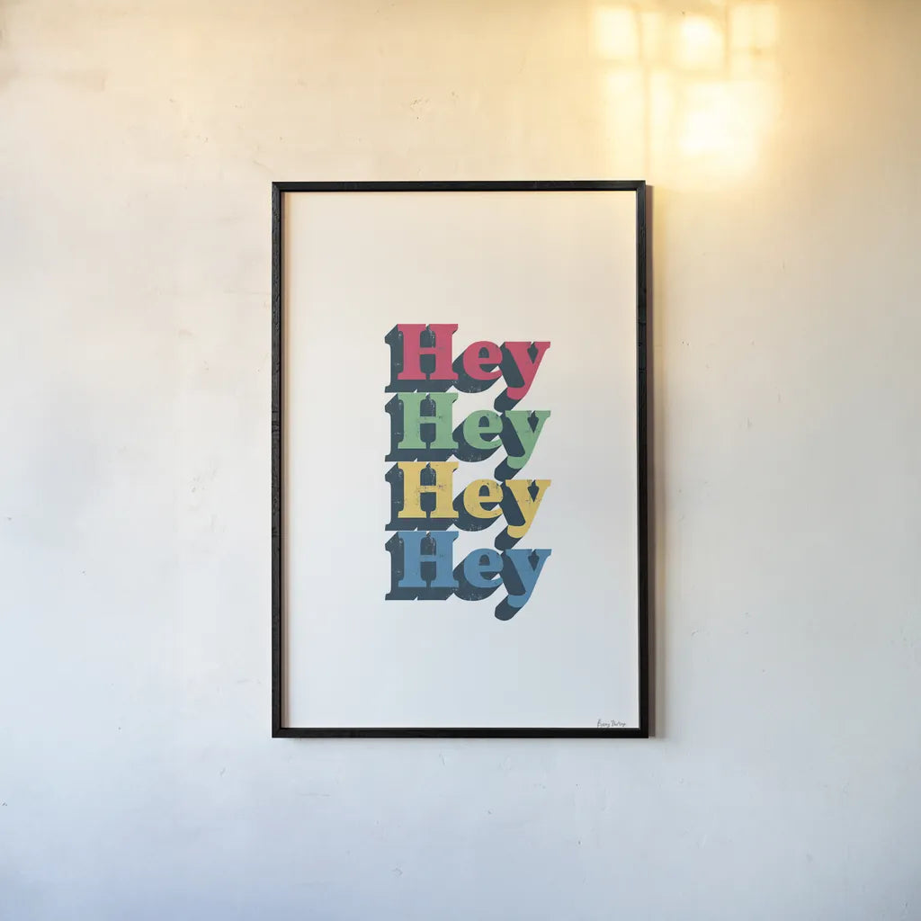 Rainbow Hey Bold by Becky Thorns. shown as a paper print in a black flame. Available as a archival giclee rolled canvas, fine art paper, or poster print. SKU 65210h.