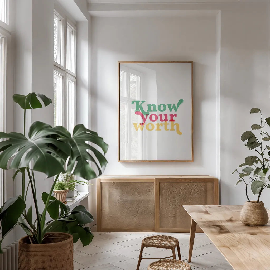 Rainbow Know Your Worth by Becky Thorns. shown as a print in a natural wood frame in a dining room. Available as a archival giclee rolled canvas, fine art paper, or poster print. SKU 65204h.
