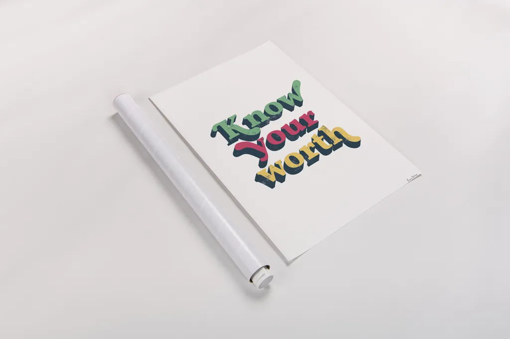 Rainbow Know Your Worth Bold by Becky Thorns. shown as a rolled paper print. Available as archival giclee rolled canvas, fine art paper, or poster print. SKU 65217h.